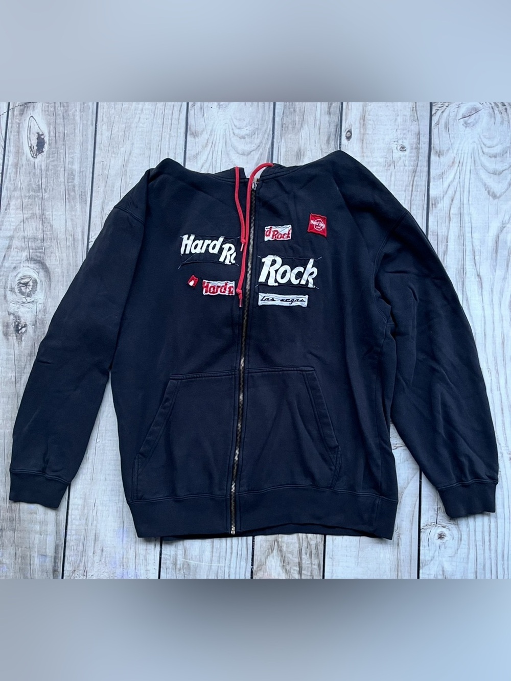 Vintage Women’s Y2K Hard Rock Cafe Vegas L Navy Red Hoodie Patches Guitar